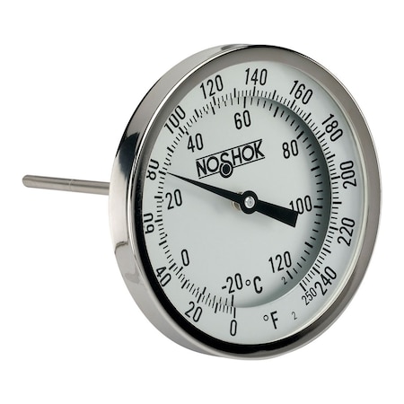 Noshok 3" Bimetal Thermometer, 1/2" NPT Back Conn, 2.5" Stem Length, 0/250 F/C, .250" Diameter 30-310-025-0/250-F/C